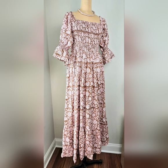 Beachwood Baby | Floral Block Print Smocked Midi Dress | Size M/L - Picture 3 of 10
